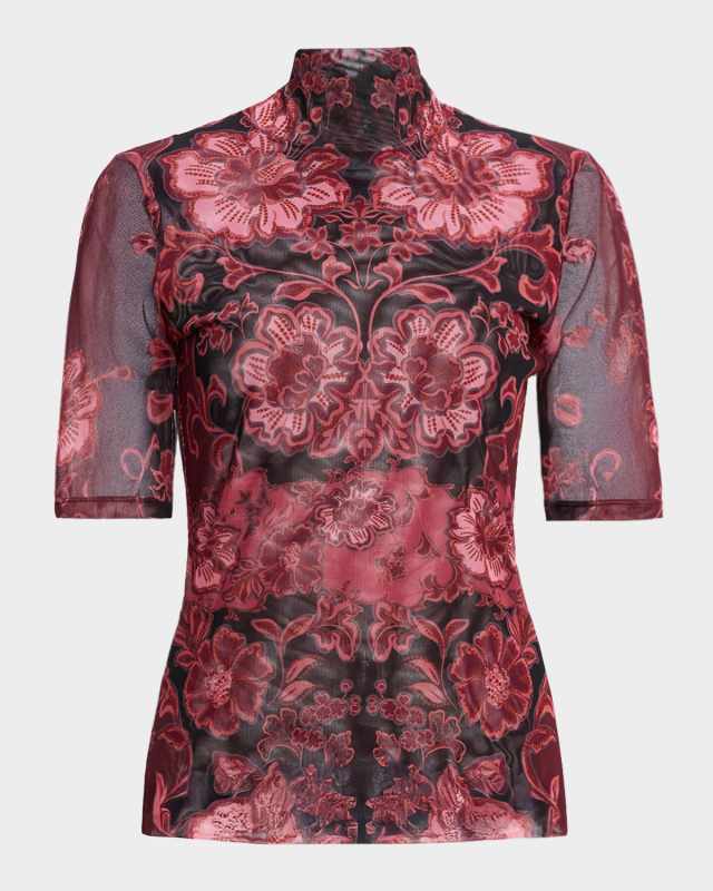 Turtleneck Floral-Print Mesh Top